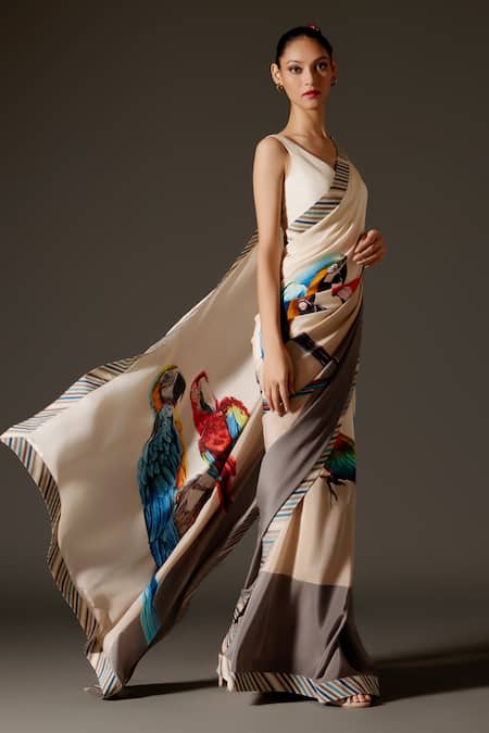 Rohit Bal_Cream Crepe Parrot Bird Print Saree And Unstitched Blouse Piece Set _Online_at_Aza_Fashions