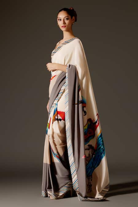 Buy_Rohit Bal_Cream Crepe Parrot Bird Print Saree And Unstitched Blouse Piece Set _Online_at_Aza_Fashions