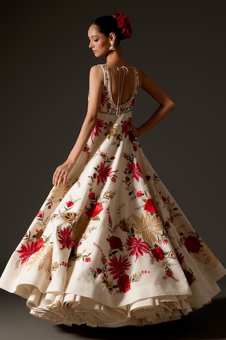 Shop_Rohit Bal_Ivory Chanderi Silk Embroidery, Sequins Floral Vine Pattern Anarkali Set _at_Aza_Fashions