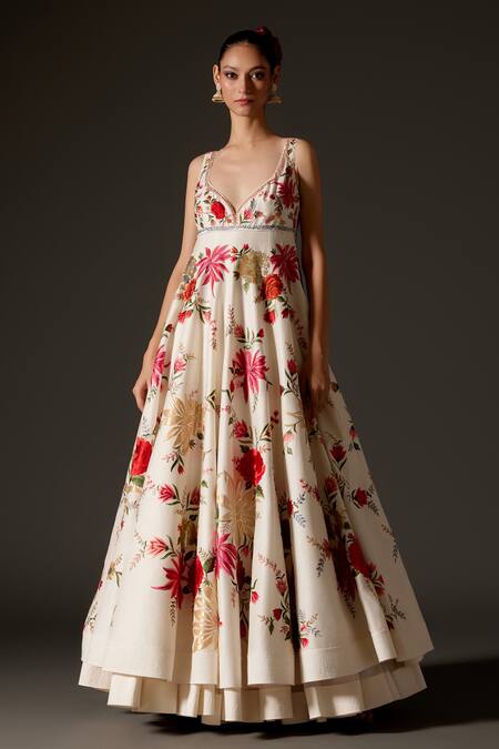 Rohit Bal_Ivory Chanderi Silk Embroidery, Sequins Floral Vine Pattern Anarkali Set _Online_at_Aza_Fashions