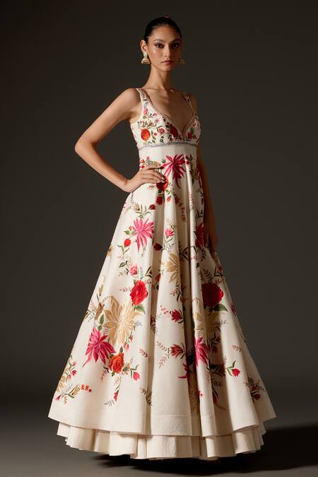 Buy_Rohit Bal_Ivory Chanderi Silk Embroidery, Sequins Floral Vine Pattern Anarkali Set _Online_at_Aza_Fashions