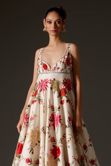 Shop_Rohit Bal_Ivory Chanderi Silk Embroidery, Sequins Floral Vine Pattern Anarkali Set _Online_at_Aza_Fashions