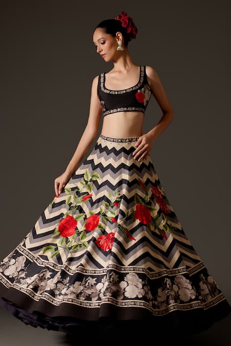 Rohit Bal Black Chanderi Silk Embroidered Thread Scoop Gradient Chevron Print Lehenga Set 