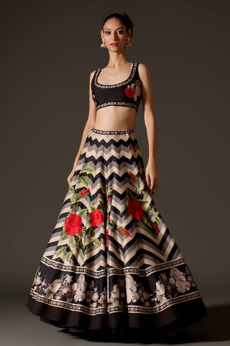 Buy_Rohit Bal_Black Silk, Embroidery Gradient Chevron Print Lehenga Set _Online_at_Aza_Fashions