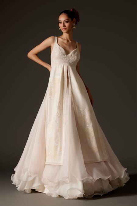 Rohit Bal Ivory Organza Sequins, Embroidery Pastel Floral Vine Slit Anarkali Set Online at Aza Fashions Rohit Bal_Ivory Organza Sequins, Embroidery Pastel Floral Vine Slit Anarkali Set _Online_at_Aza_Fashions