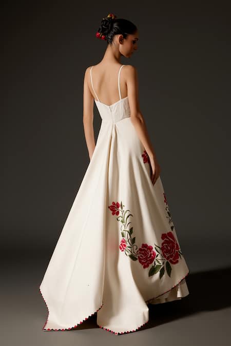 Shop_Rohit Bal_Ivory Silk, Rosette Thread Asymmetric Slit Anarkali Set _at_Aza_Fashions