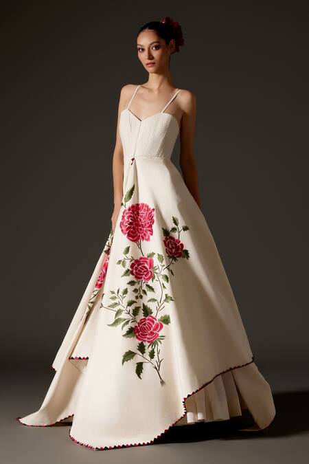 Rohit Bal_Ivory Silk, Rosette Thread Asymmetric Slit Anarkali Set _Online_at_Aza_Fashions