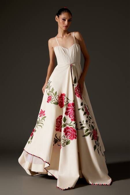 Buy_Rohit Bal_Ivory Silk, Rosette Thread Asymmetric Slit Anarkali Set _Online_at_Aza_Fashions