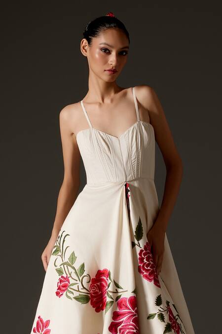 Shop_Rohit Bal_Ivory Silk, Rosette Thread Asymmetric Slit Anarkali Set _Online_at_Aza_Fashions