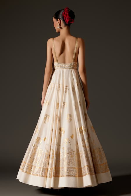 Shop Rohit Bal Cream Chanderi Silk Foil Printing, Embroidery Lotus Pond Anarkali Set at Aza Fashions Shop_Rohit Bal_Cream Chanderi Silk Foil Printing, Embroidery Lotus Pond Anarkali Set _at_Aza_Fashions