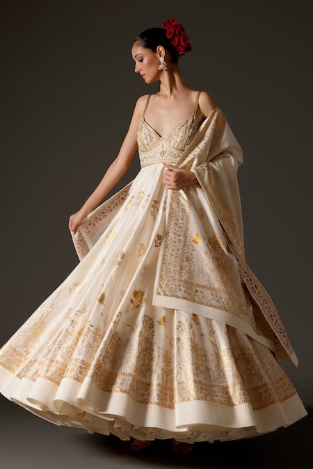 Shop Rohit Bal Cream Chanderi Silk Foil Printing, Embroidery Lotus Pond Anarkali Set Online at Aza Fashions Shop_Rohit Bal_Cream Chanderi Silk Foil Printing, Embroidery Lotus Pond Anarkali Set _Online_at_Aza_Fashions