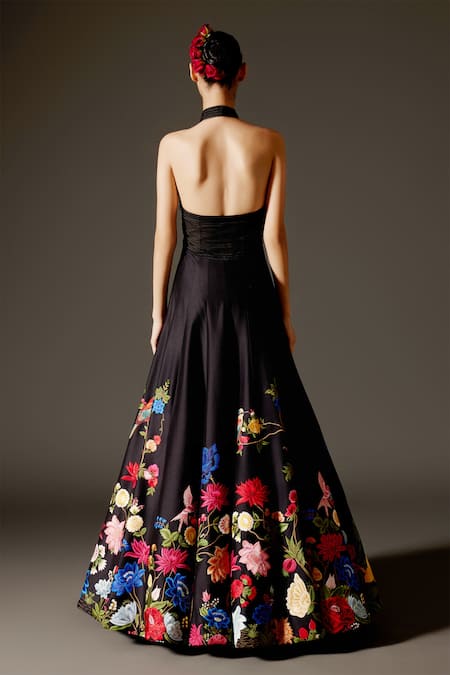 Shop_Rohit Bal_Black Chanderi Embroidery Bandeau Neck Floral Garden Anarkali With Dupatta _at_Aza_Fashions