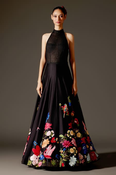 Rohit Bal_Black Chanderi Embroidery Bandeau Neck Floral Garden Anarkali With Dupatta _Online_at_Aza_Fashions