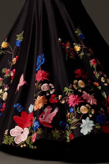 Buy_Rohit Bal_Black Chanderi Embroidery Bandeau Neck Floral Garden Anarkali With Dupatta _Online_at_Aza_Fashions