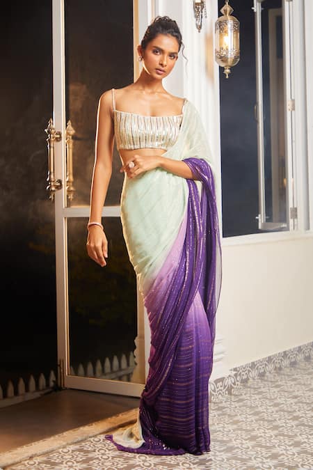 Masumi Mewawalla X AZA Ombre Striped Pre-Draped Saree With Blouse 