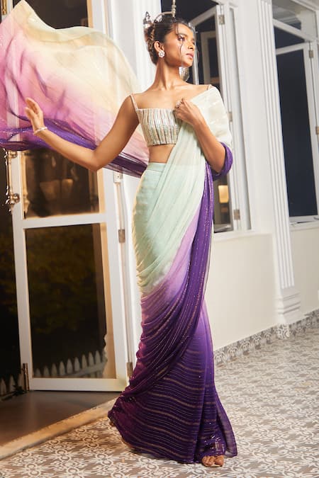 Shop Masumi Mewawalla X AZA Green Lurex, Maheshwari Sequins, Ombre Striped Pre-draped Saree With Blouse Online at Aza Fashions Shop_Masumi Mewawalla X AZA_Green Lurex, Maheshwari Sequins, Ombre Striped Pre-draped Saree With Blouse _Online_at_Aza_Fashions