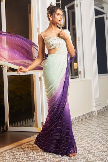 Masumi Mewawalla X AZA Green Lurex, Maheshwari Sequins, Ombre Striped Pre-draped Saree With Blouse at Aza Fashions Masumi Mewawalla X AZA_Green Lurex, Maheshwari Sequins, Ombre Striped Pre-draped Saree With Blouse _at_Aza_Fashions