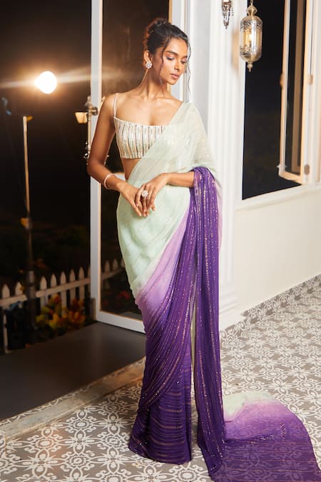 Buy Masumi Mewawalla X AZA Green Lurex, Maheshwari Sequins, Ombre Striped Pre-draped Saree With Blouse Buy_Masumi Mewawalla X AZA_Green Lurex, Maheshwari Sequins, Ombre Striped Pre-draped Saree With Blouse