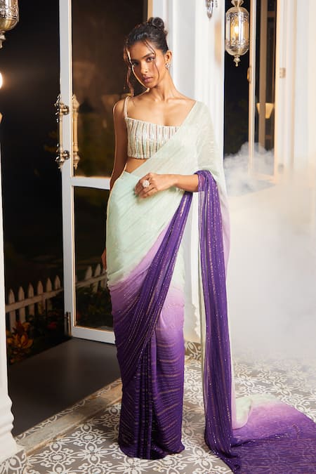 Shop Masumi Mewawalla X AZA Green Lurex, Maheshwari Sequins, Ombre Striped Pre-draped Saree With Blouse Shop_Masumi Mewawalla X AZA_Green Lurex, Maheshwari Sequins, Ombre Striped Pre-draped Saree With Blouse