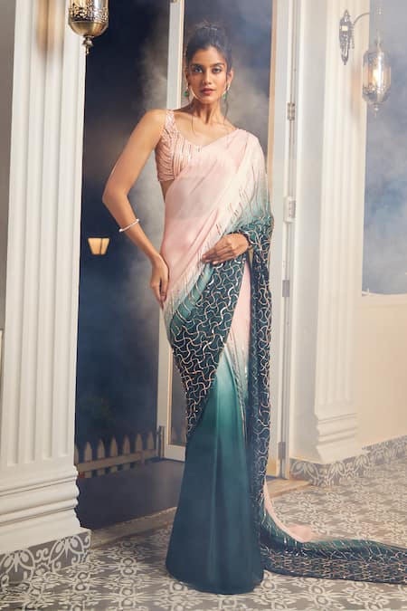 Masumi Mewawalla x AZA Embroidered Ombre Pre-Draped Saree With Blouse 