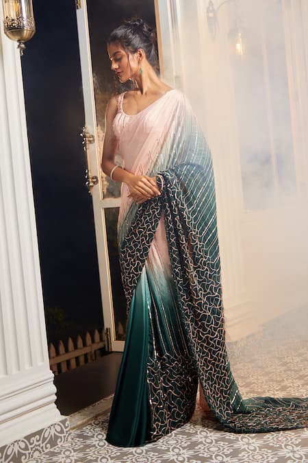 Masumi Mewawalla X AZA Embroidered Ombre Pre-Draped Saree With Blouse 