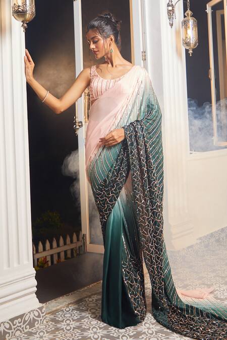 Buy_Masumi Mewawalla X AZA_Green Satin, Organza, Cotton Embroidery, Ombre Pre-draped Saree With Blouse _Online_at_Aza_Fashions