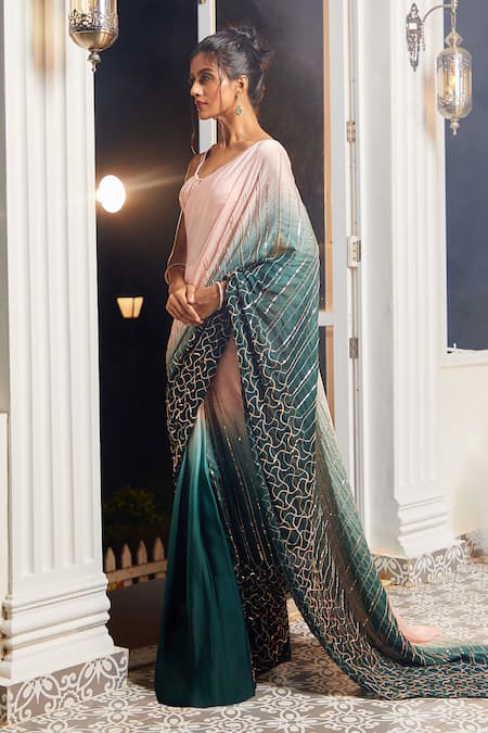 Shop_Masumi Mewawalla X AZA_Green Satin, Organza, Cotton Embroidery, Ombre Pre-draped Saree With Blouse _Online_at_Aza_Fashions