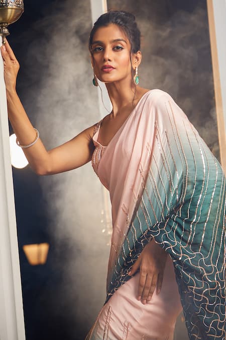 Masumi Mewawalla X AZA_Green Satin, Organza, Cotton Embroidery, Ombre Pre-draped Saree With Blouse _at_Aza_Fashions