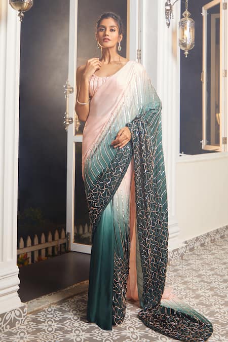 Buy_Masumi Mewawalla X AZA_Green Satin, Organza, Cotton Embroidery, Ombre Pre-draped Saree With Blouse 
