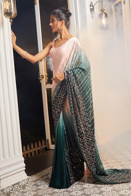 Shop_Masumi Mewawalla X AZA_Green Satin, Organza, Cotton Embroidery, Ombre Pre-draped Saree With Blouse 