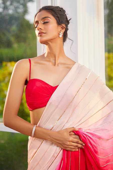 Buy Masumi Mewawalla X AZA Pink Satin, Organza, Crepe Ombre Embroidered Pre-draped Saree With Blouse Buy_Masumi Mewawalla X AZA_Pink Satin, Organza, Crepe Ombre Embroidered Pre-draped Saree With Blouse