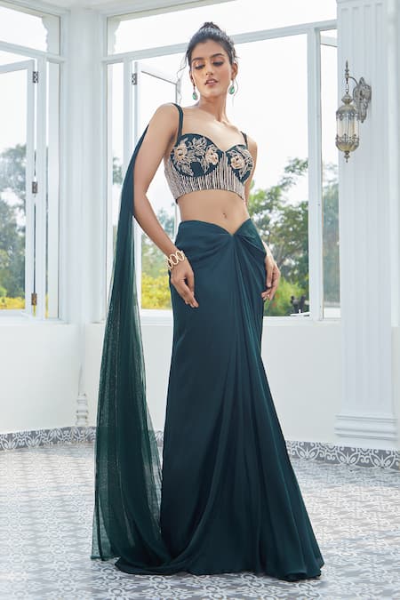 Masumi Mewawalla X AZA Green Tulle Embroidery, Sequins, Cut Work Sweetheart Blouse And Draped Skirt Set at Aza Fashions Masumi Mewawalla X AZA_Green Tulle Embroidery, Sequins, Cut Work Sweetheart Blouse And Draped Skirt Set _at_Aza_Fashions
