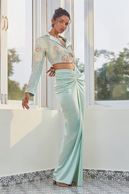 Shop_Masumi Mewawalla X AZA_Green Tulle, Cotton Sequins, Stones Embroidered Crop Blazer And Draped Skirt Set _Online_at_Aza_Fashions
