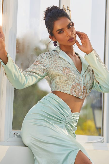 Shop_Masumi Mewawalla X AZA_Green Tulle, Cotton Sequins, Stones Embroidered Crop Blazer And Draped Skirt Set 