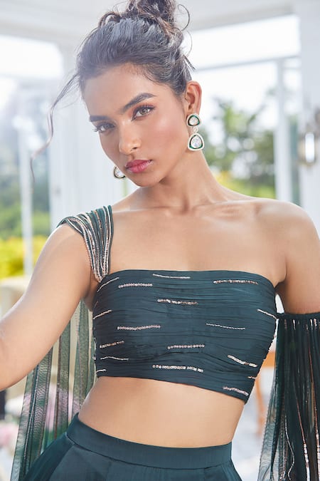 Masumi Mewawalla X AZA Green Satin, Organza, Tulle Flared Lehenga And Embroidered Draped Blouse Set Online at Aza Fashions Masumi Mewawalla X AZA_Green Satin, Organza, Tulle Flared Lehenga And Embroidered Draped Blouse Set _Online_at_Aza_Fashions