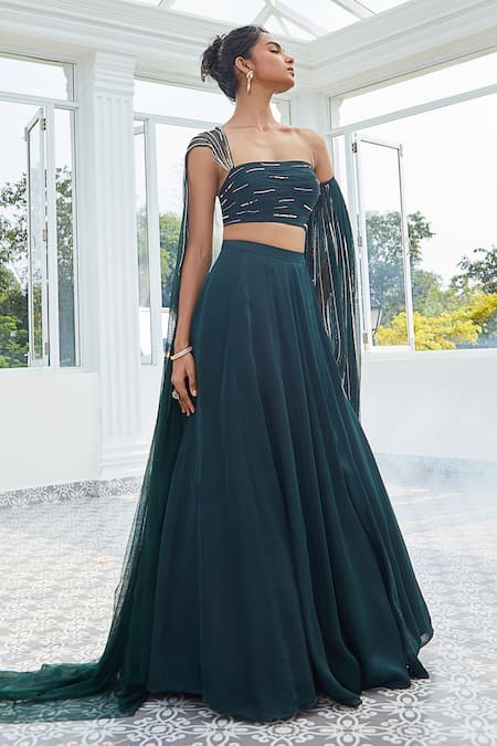 Shop Masumi Mewawalla X AZA Green Satin, Organza, Tulle Flared Lehenga And Embroidered Draped Blouse Set Shop_Masumi Mewawalla X AZA_Green Satin, Organza, Tulle Flared Lehenga And Embroidered Draped Blouse Set