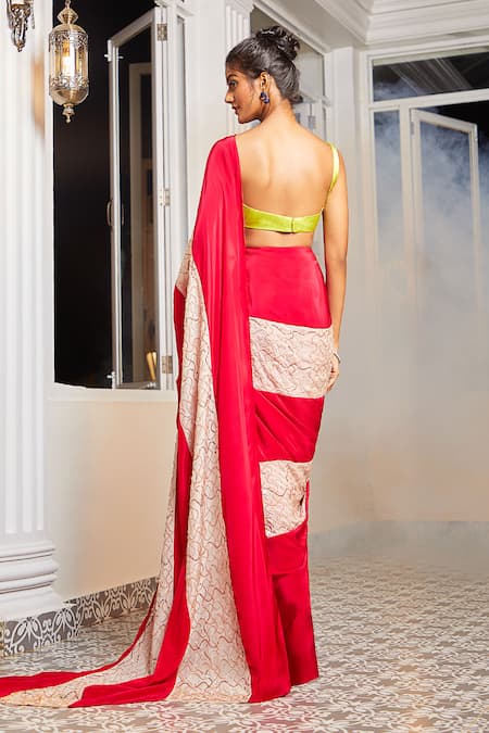 Masumi Mewawalla X AZA Color Block Pre-Draped Saree With Neon Blouse 
