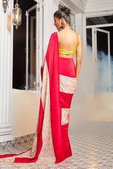 Buy_Masumi Mewawalla X AZA_Pink Tissue, Crepe Sequins, Cut Color Block Pre-draped Saree With Neon Blouse 