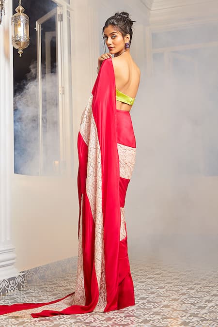 Shop_Masumi Mewawalla X AZA_Pink Tissue, Crepe Sequins, Cut Color Block Pre-draped Saree With Neon Blouse 