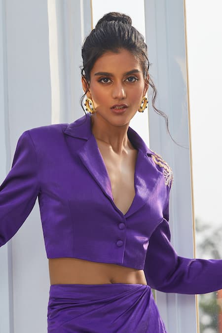 Masumi Mewawalla X AZA_Purple Tulle, Maheshwari Embroidery Crop Blazer And Draped Skirt Set _Online_at_Aza_Fashions