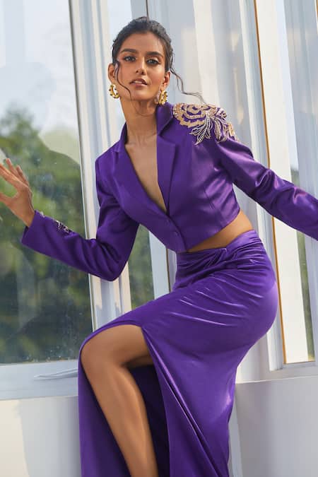 Buy_Masumi Mewawalla X AZA_Purple Tulle, Maheshwari Embroidery Crop Blazer And Draped Skirt Set 