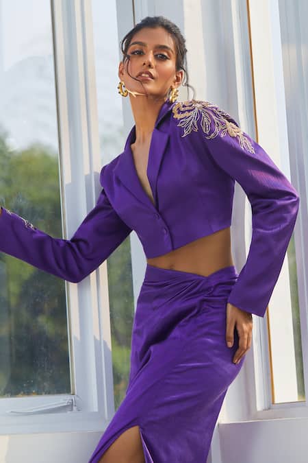 Shop_Masumi Mewawalla X AZA_Purple Tulle, Maheshwari Embroidery Crop Blazer And Draped Skirt Set 