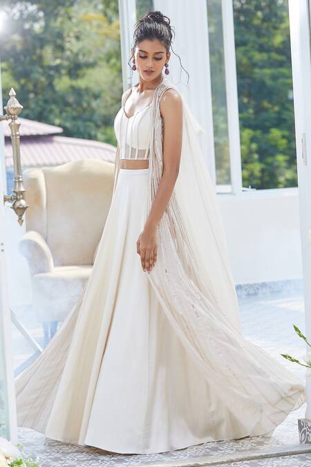 Buy Masumi Mewawalla X AZA Beige Tissue, Tulle, Maheshwari Lehenga Set With Embroidered Long Jacket Online at Aza Fashions Buy_Masumi Mewawalla X AZA_Beige Tissue, Tulle, Maheshwari Lehenga Set With Embroidered Long Jacket _Online_at_Aza_Fashions