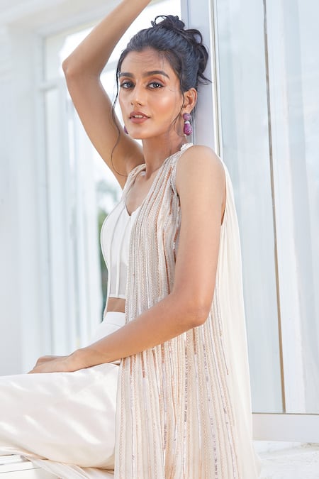 Masumi Mewawalla X AZA Beige Tissue, Tulle, Maheshwari Lehenga Set With Embroidered Long Jacket at Aza Fashions Masumi Mewawalla X AZA_Beige Tissue, Tulle, Maheshwari Lehenga Set With Embroidered Long Jacket _at_Aza_Fashions