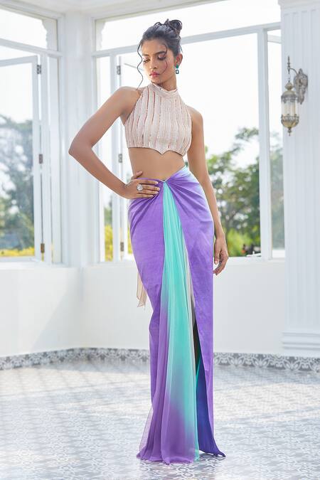 Masumi Mewawalla X AZA_Silver Maheshwari, Tulle Cut Work, Sequins Ombre Skirt With Embroidered Blouse _Online_at_Aza_Fashions