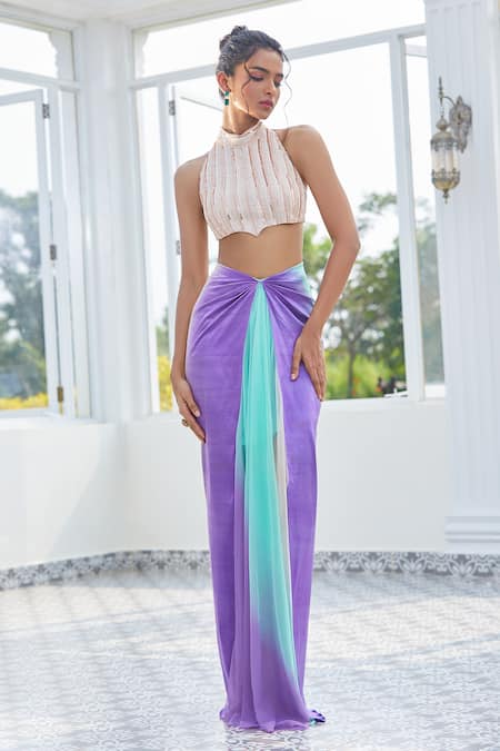 Buy_Masumi Mewawalla X AZA_Silver Maheshwari, Tulle Cut Work, Sequins Ombre Skirt With Embroidered Blouse _Online_at_Aza_Fashions