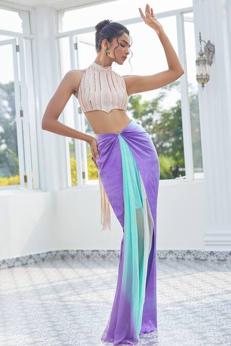 Shop_Masumi Mewawalla X AZA_Silver Maheshwari, Tulle Cut Work, Sequins Ombre Skirt With Embroidered Blouse _Online_at_Aza_Fashions