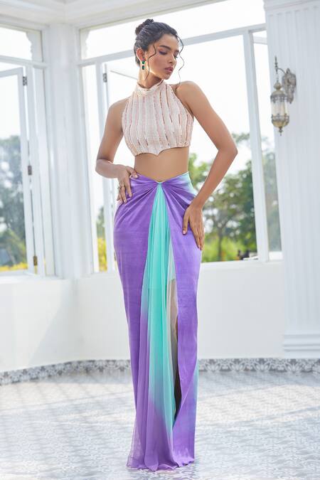 Masumi Mewawalla X AZA_Silver Maheshwari, Tulle Cut Work, Sequins Ombre Skirt With Embroidered Blouse _at_Aza_Fashions