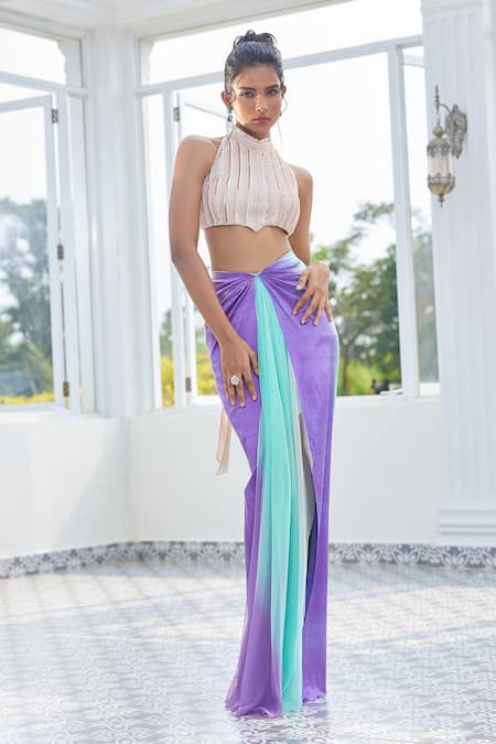 Buy_Masumi Mewawalla X AZA_Silver Maheshwari, Tulle Cut Work, Sequins Ombre Skirt With Embroidered Blouse 