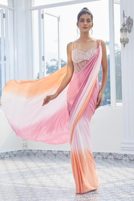 Masumi Mewawalla X AZA_Multi Color Tulle, Crepe Pearls, Sequins, Cut Work Ombre Embroidered Saree Gown _Online_at_Aza_Fashions
